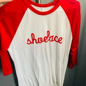 Red and White American Apparel Raglan Shirt 50/50 collection.